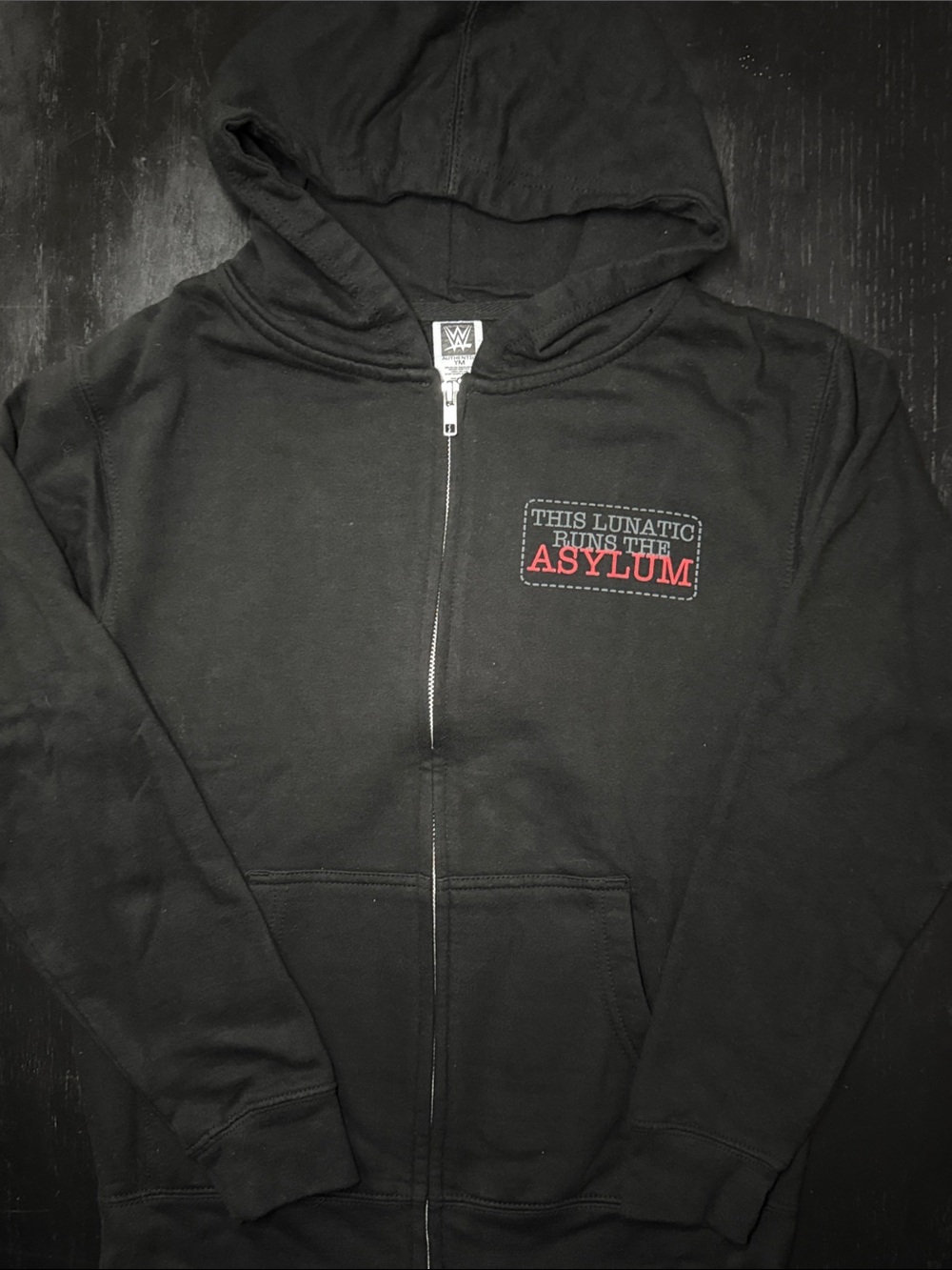 WWE Black Kids Zip Hoodie with Red 'Asylum' Graphic